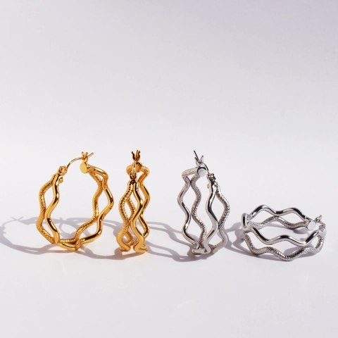 Brass Double Layer Wave Hoop Earrings For Women Snake Texture Large Circle Earrings Personality Gold Silver Tone Jewelry