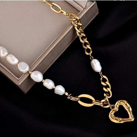 Collana con Pendente a Cuore in Acciaio Inossidabile Vintage con Perla Artificiale Irregolare Collana Catena Placcata Oro Donna