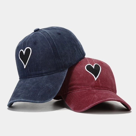 Washed Cotton Baseball Cap With Heart Embroidery Vintage Distressed Curved Brim Adjustable Outdoor Sun Hat For Women