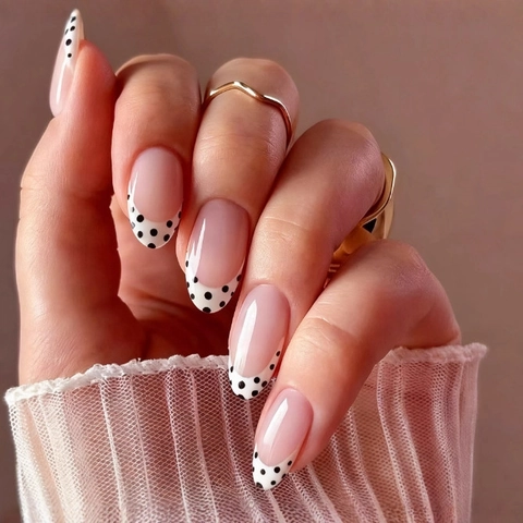 Unghie Finte Press On Stile Francese Motivo A Pois Forma Mandorla Stiletto ABS Unghie Artificiali Per Donne