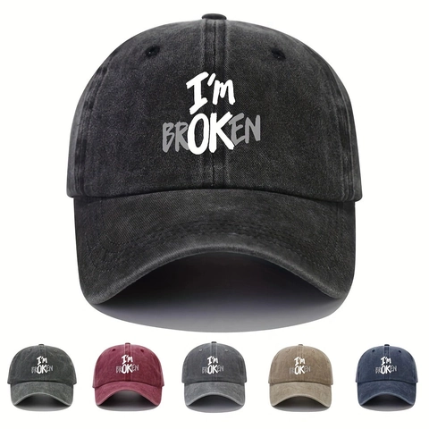 Washed Cotton Baseball Cap Vintage Distressed Dad Hat I'm Broken OK Letter Print Sun Protection Outdoor Casual Unisex