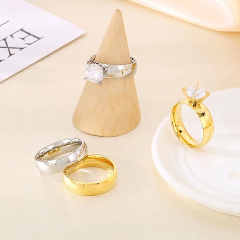 Mode Gepolijst Roestvrij Staal Zirconia Paar Ringen Goud Zilver Glad Woon-werkverkeer Trouwringen Voor Mannen Vrouwen Sieraden
