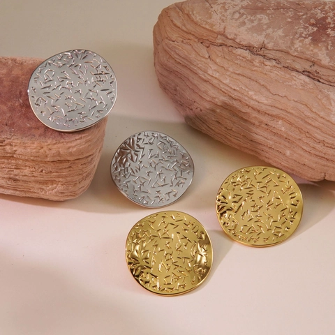 Orecchini a Bottone Geometrici Francesi Retrò in Acciaio Inossidabile Tondi Martellati per Donna Gioielli in Metallo Piegghettato