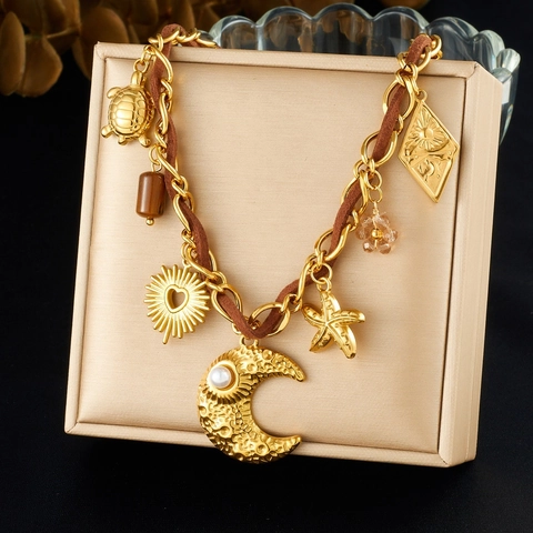 Stainless Steel Gold Plated Charm Necklace With Leather Cord Moon Starfish Turtle Sun Pendant Bohemian Beach Jewelry