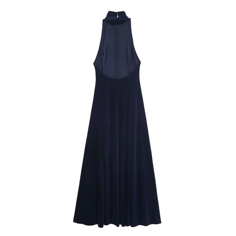 Samt Halfter Rückenfreies Maxikleid Ärmellos Hoher Ausschnitt A-Linie Elegantes Abendpartykleid Für Damen Navy Blau