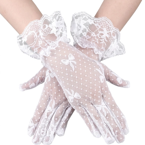 Guantes De Encaje Corto Malla Con Lazo Volante Polka Dot Para Boda Fiesta Elegante Accesorios De Ceremonia