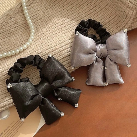Large Bow Satin Scrunchies With Rhinestones High Elastic Hair Ties Ponytail Holder For Women Girls Elegant Hair Accessories