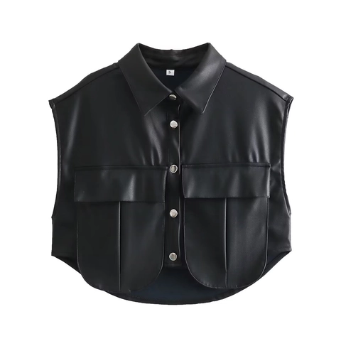 Gilet Da Donna In Pelle PU Tasche Anteriori Con Bottoni Senza Maniche Colletto Rovesciato Corto Retro Casual Top