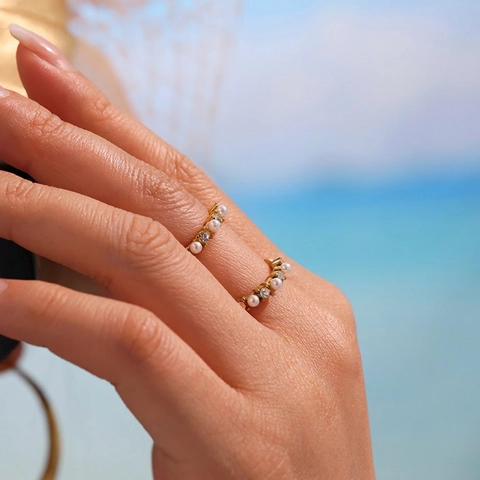Elegant Stackable Ring Stainless Steel Shell Artificial Pearl And Zircon Inlaid Non Tarnish Fashion Jewelry For Women