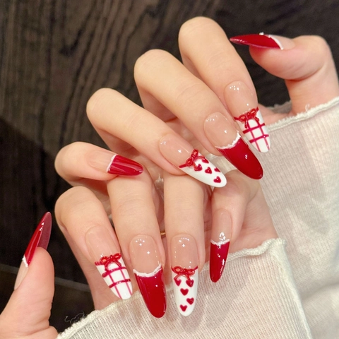 Handmade Press On Nails Long Stiletto Oval Red White Grid Heart 3D Bow Sweet French Tip Reusable Artificial Fake Nails