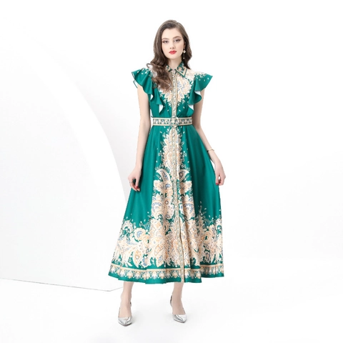 Elegante Maxi-Jurk Met Paisley-Print En Ruchesmouwen Retro Revers A-Lijn Riem Polyester Vakantie Voor Dames
