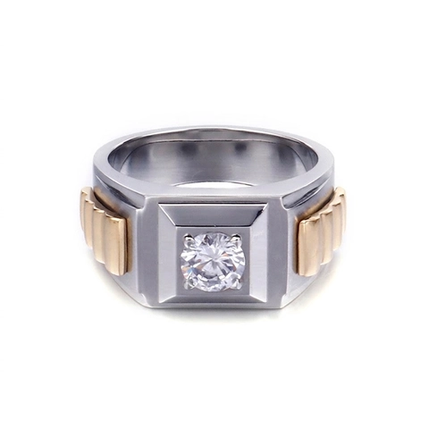 Bague En Acier Inoxydable Pour Hommes Ton Or Argent Anneau Base Carrée Zircon Rond Clair Bijoux Style Business Masculin
