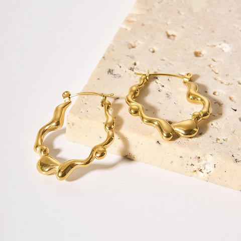 Onregelmatige Golf Ring Oorbellen 18K Verguld Roestvrij Staal Gesmolten Metaaltextuur Minimalistische Geometrische Sieraden