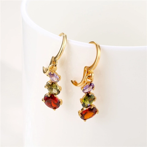 Colorful Zircon Oval Drop Earrings With Silver Earring Post Gold Plated Copper Geometric Dangle Jewelry For Women