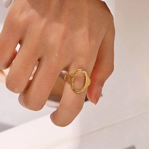 Minimalist Hollow Oval Ring For Women Stainless Steel Hammered Texture Open Adjustable Geometric Vintage Gold Plated Jewelry