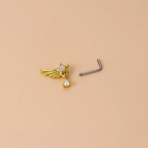 Zircon Nose Stud Stainless Steel Rod Copper Inlaid Heart Flower Wing Dangle Pendant Body Piercing Jewelry For Women