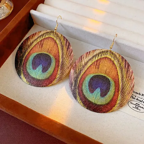 Boucles D'oreilles Bohèmes Motif Plume De Paon Rondes En Alliage Avec Tige En Acier Style Ethnique Vintage Pour Femmes