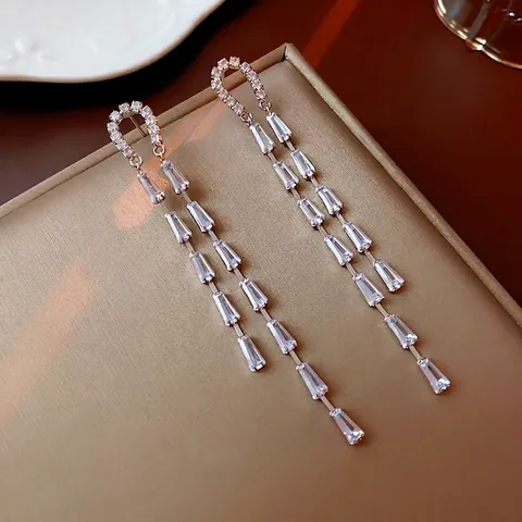Elegant Baguette Zircon Tassel Drop Earrings U Shaped Party Jewelry With Silver Earring Post For Women