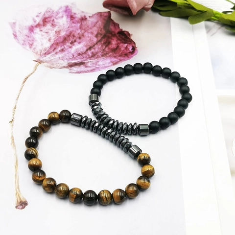 Natural Tiger Eye And Matte Agate Hematite Beaded Bracelets Elastic Stretchy Accessory Unisex Fashion Jewelry Gift