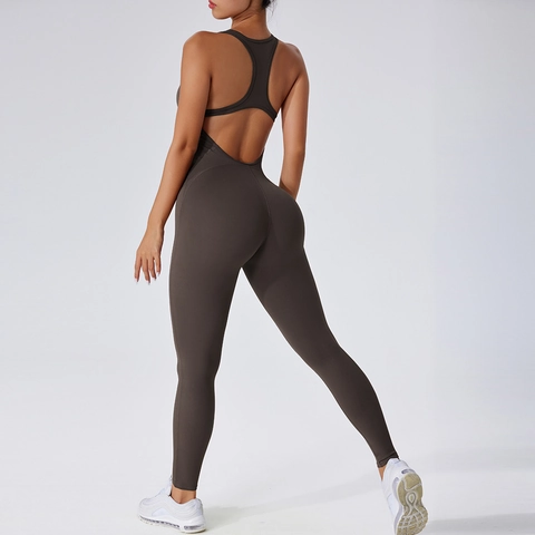 Damen Yoga Jumpsuit Nylon Spandex Hohe Elastizität Rückenfrei Racerback Mit Polstern Slim Fit Workout Bodysuit Fitness