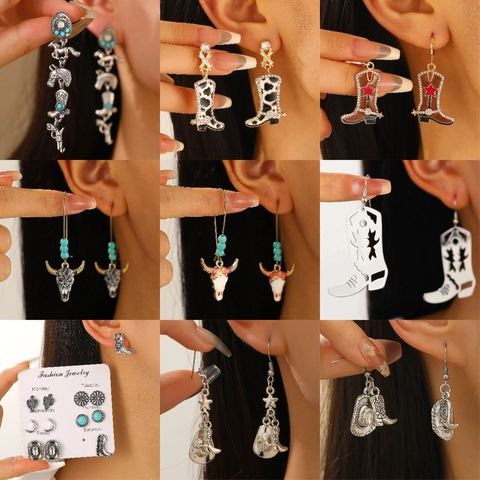Western Cowboy Drop Earrings Alloy Vintage Turquoise Horseshoe Boot Hat Bull Head Pendant Jewelry For Women