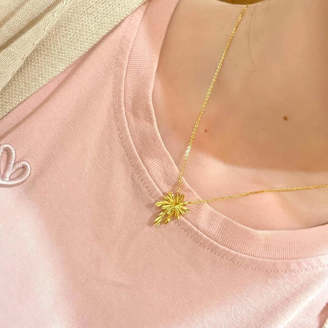Gold Plated Copper Necklace And Earrings With Palm Tree Leaf Pendant And Silver Earring Post For Women French Style