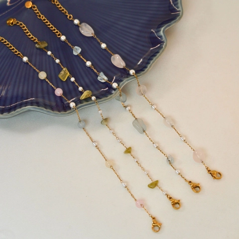 Stainless Steel Natural Stone Bracelet Gold Plated Artificial Pearl Chip Gemstone Adjustable Chain Bracelet For Women Jewelry