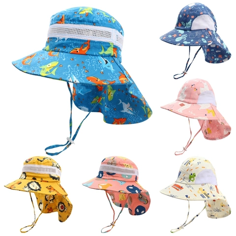 Kids Cartoon Animal Print Sun Hat With Neck Flap Breathable Cotton Wide Brim Fisherman Bucket Hat For Boys Girls Summer Beach Outdoor