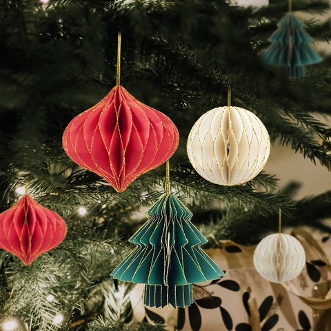 Decorazioni Appese Di Natale Palline A Nido D'ape In Carta Albero Lanterna Con Bordi Dorati Luccicanti Per Festa Fai Da Te