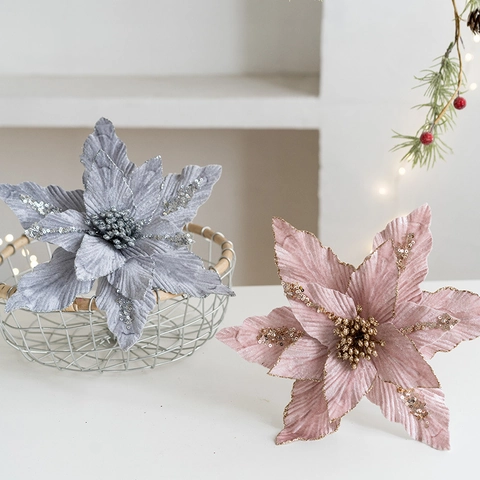 Fiori Di Natale Artificiali Poinsettia In Velluto Con Paillettes Decorazione Albero Di Natale Ornamenti Appesi Festa Casa