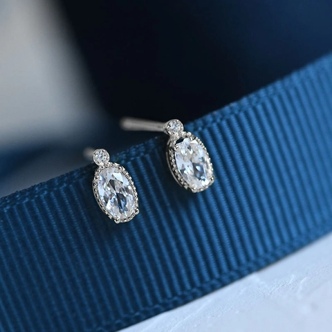 Vintage Oval Stud Earrings For Women Copper With Cubic Zirconia Milgrain Beaded Edge Petite Elegant Jewelry