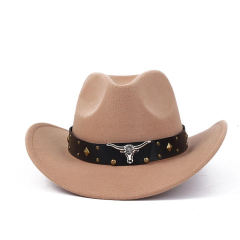 Western Cowboy Hat Felt Wide Brim With Bull Head Metal Emblem Rivet Leather Band Retro Outdoor For Men Women