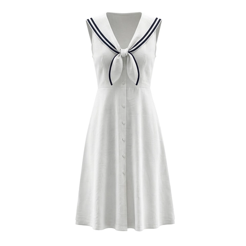 Vestido Sin Mangas Con Cuello Marinero Poliéster Lazo Cintura Alta Estilo Preppy Retro Lolita Francés Para Mujer Blanco