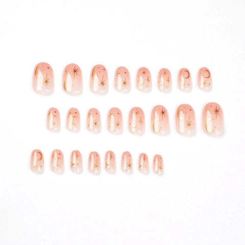 Pink Gradient Press On Nails Glossy With Gold Star And Moon Pattern Short Round False Nails For Women
