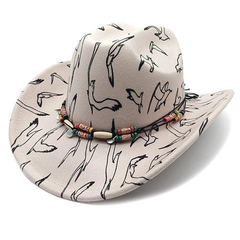 Western Cowboy Hat Polyester Bird Print Wide Upturned Brim Ethnic Bead Band Bohemian Outdoor Sun Hat