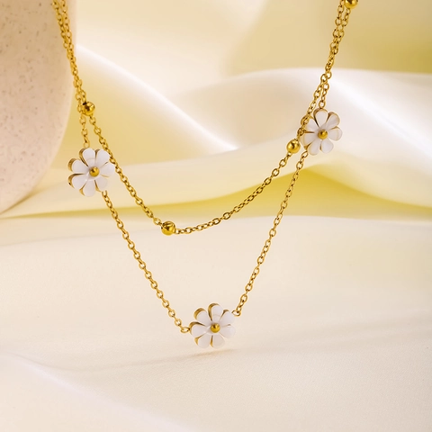Stainless Steel Daisy Flower Necklace Bracelet Earrings Collection For Women White Shell Gold Plated Double Layer Jewelry Accessories