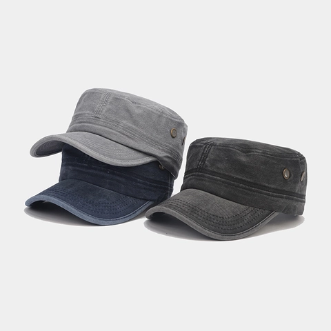 Washed Cotton Cadet Hat Vintage Military Style Flat Top Cap Breathable Outdoor Adjustable Sunshade For Men Women