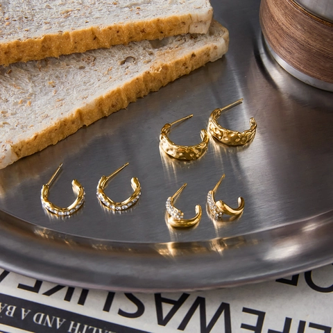 Chunky C Hoop Earrings 18K Gold Plated Stainless Steel Rhinestone Waterproof Hypoallergenic Trendy Jewelry For Women