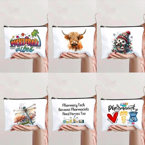Canvas Makeup Bag Zipper Cosmetic Pouch Portable Travel Storage Organizer Animal Floral Graphic Printed Pouch For Women