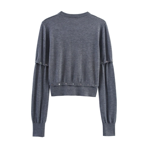 Damen Strickpullover Mit Rundhalsausschnitt Dekorative Knöpfe Dekonstruierter Stil Langarm Polyester Acryl Casual