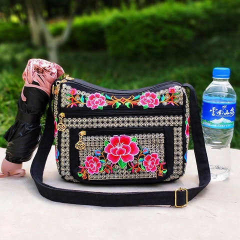 Ethnic Embroidered Crossbody Bag For Women Canvas Large Capacity Multi Layer Zipper Floral Bohemian Vintage Shoulder Bag