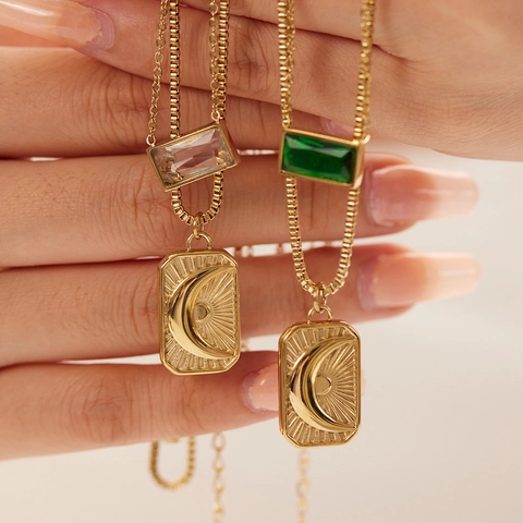 Sun Moon Anhänger Zweilagige Halskette Edelstahl 18K Vergoldet Mit Zirkon Retro Tarot Damen