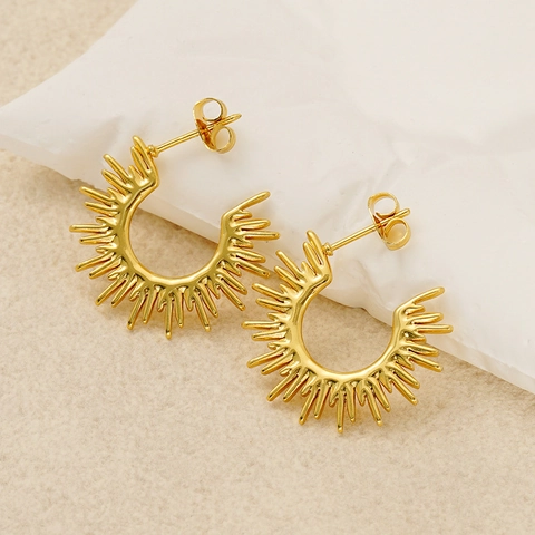 Radiant Sunburst C Shaped Earrings 18K Gold Plated Stainless Steel Geometric Spiky Chic Trendy Jewelry For Women
