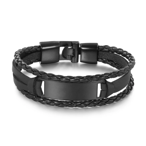 Men Multi Layer Woven Leather Bracelet Minimalist Punk Hip Hop Style With Blank Metal Plate Jewelry Accessory
