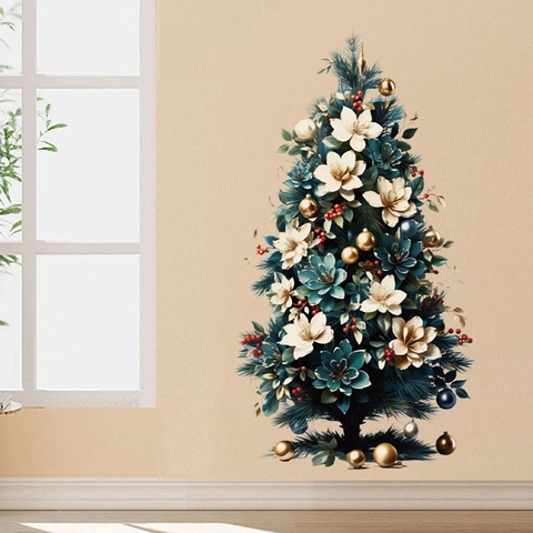Christmas Tree Wall Sticker PVC Self Adhesive Magnolia Floral Removable Decal For Living Room Bedroom Holiday Home Decor
