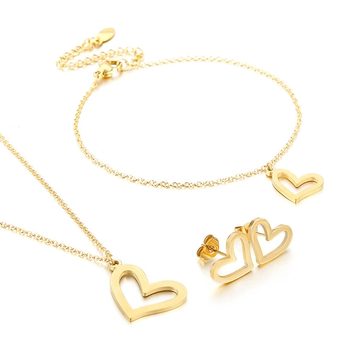 Set Di Gioielli Cuore Cavo Collana Bracciale E Orecchini Titanio Acciaio Inossidabile Minimalista Elegante Per Donne
