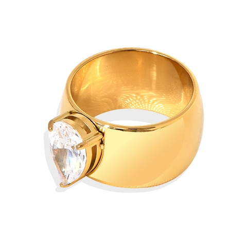 Anello a Fascia Larga in Acciaio Inossidabile Placcato Oro 18K Con Strass Trasparente a Goccia Gioielli Moda Donna