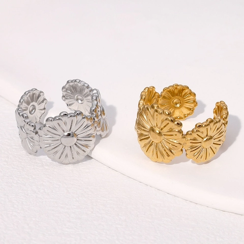 Anillo Abierto De Flor De Margarita De Acero Inoxidable Chapado En Oro De 18K Joyería De Moda Ajustable Para Mujer