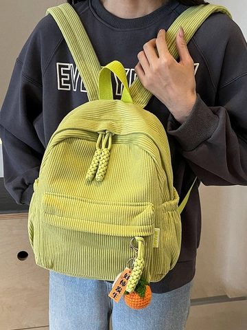 Sac À Dos En Velours Côtelé Mode Petit Sac De Jour Décontracté Pour Étudiantes Avec Porte-Clés Fruits Crocheté