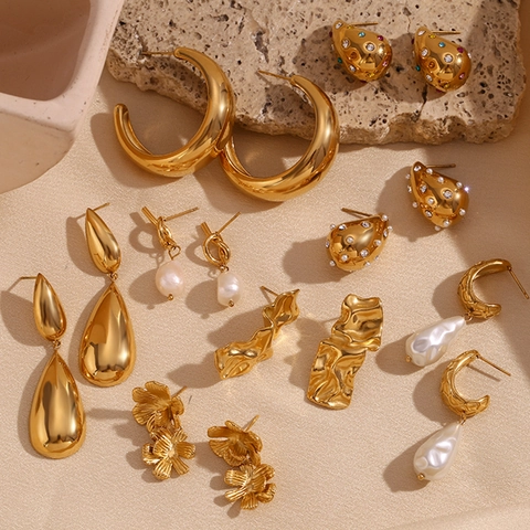 Vintage Earrings 316L Stainless Steel 18K Gold Plated Geometric Water Drop Artificial Baroque Pearl Rhinestone Jewelry For Women